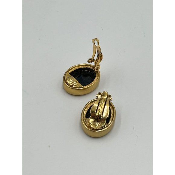 Signed CAROLEE Black Glass Matte Gold Tone Clips Statement Earrings Oval Shaped - Picture 7 of 9